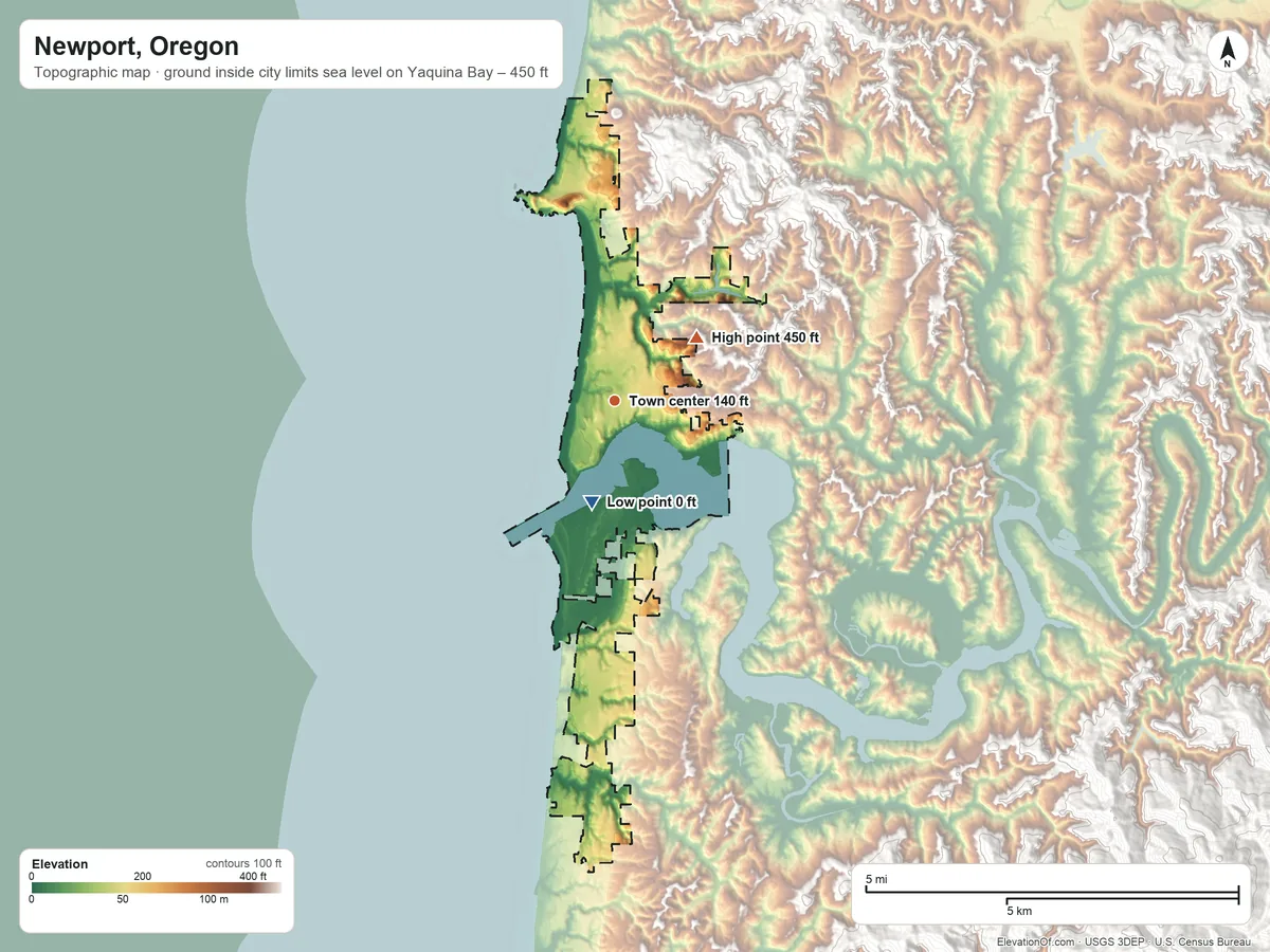Topographic elevation map of Newport, Oregon, shaded from sea level level on Yaquina Bay to 450 ft on the northeast side