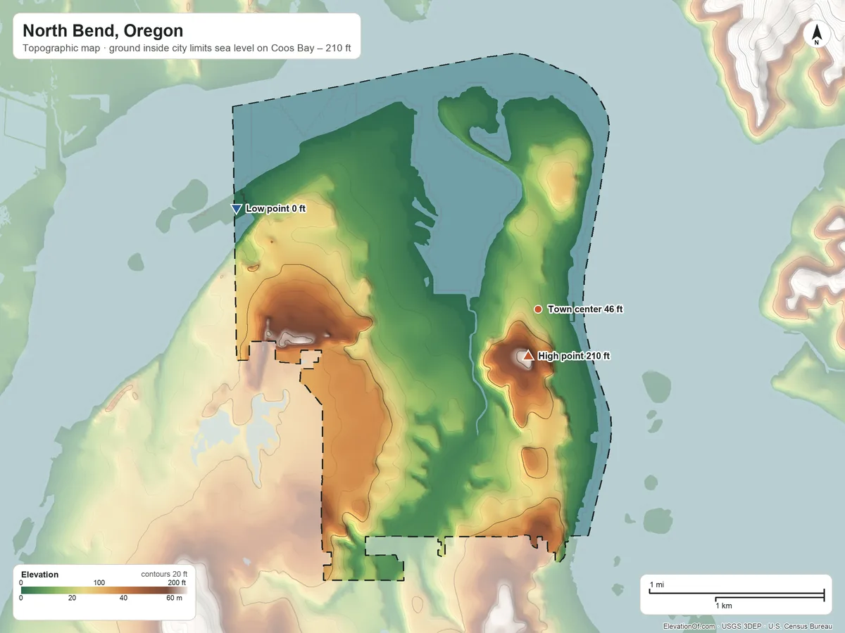 Topographic elevation map of North Bend, Oregon, shaded from sea level level on Coos Bay to 210 ft near the middle