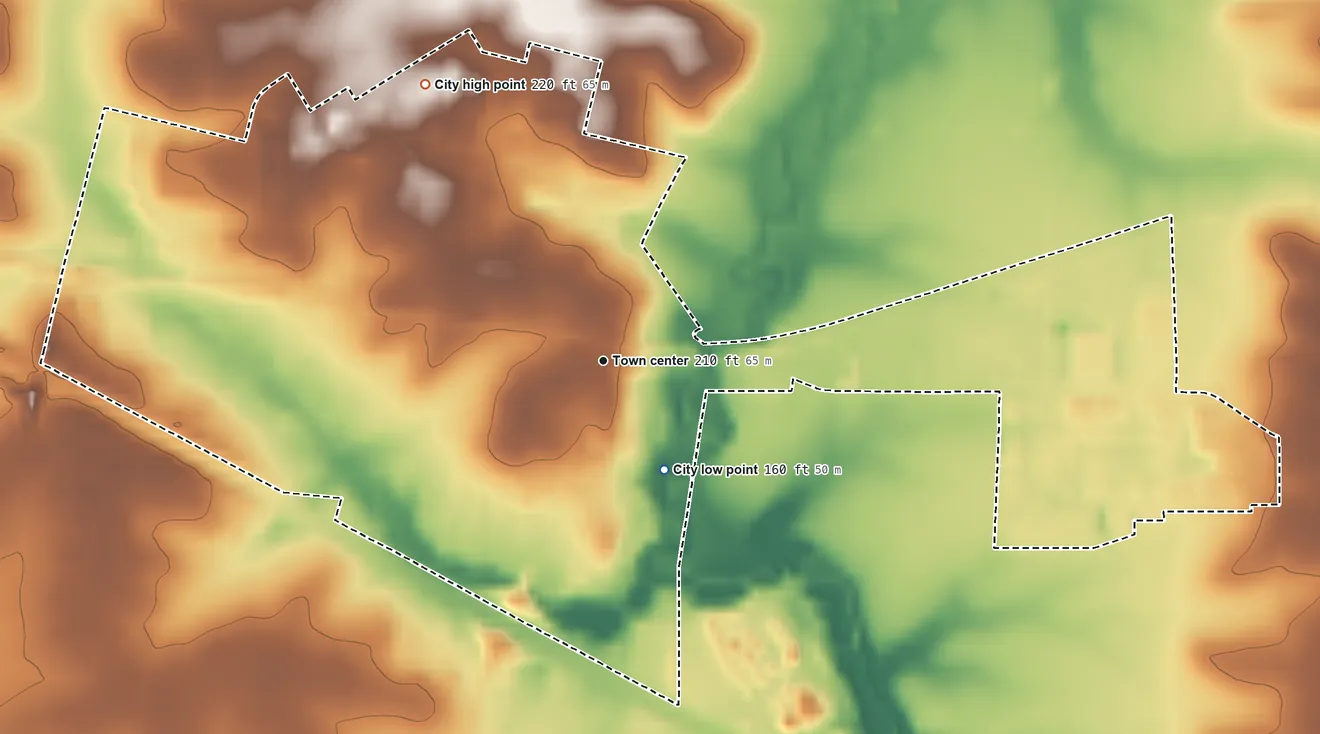Topographic elevation map of North Plains, Oregon, shaded from 160 ft near the middle to 220 ft at the foot of the Tualatin Mountains