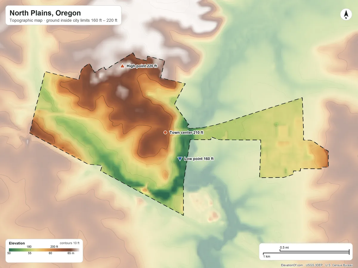 Topographic elevation map of North Plains, Oregon, shaded from 160 ft near the middle to 220 ft at the foot of the Tualatin Mountains