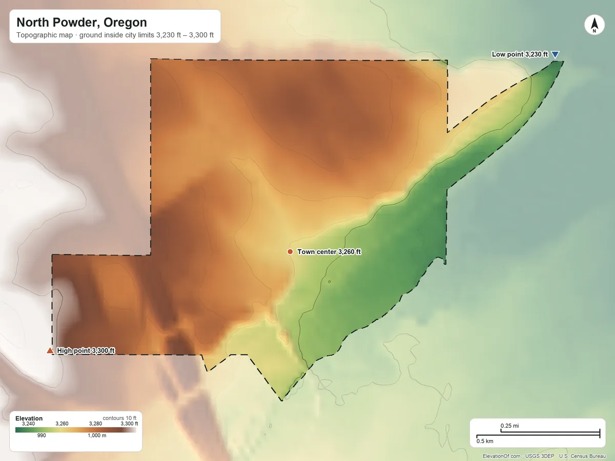 Topographic elevation map of North Powder, Oregon, shaded from 3,230 ft on the northeast side to 3,300 ft on the west side