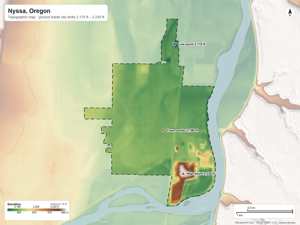 Topographic elevation map of Nyssa, Oregon, shaded from 2,170 ft on the north side to 2,230 ft on the southeast side