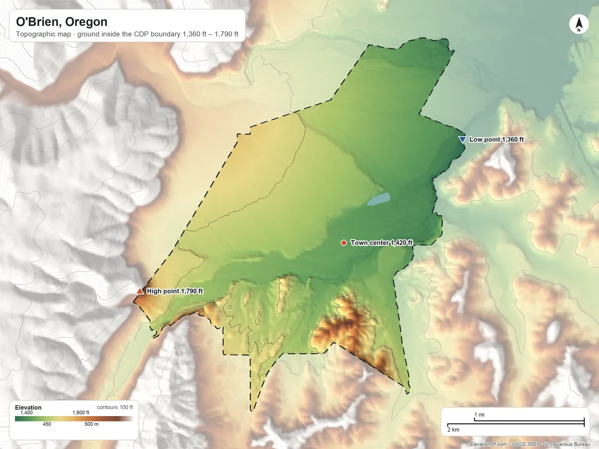 Topographic elevation map of O'Brien, Oregon, shaded from 1,360 ft on the northeast side to 1,790 ft on the west edge, below higher ground just outside