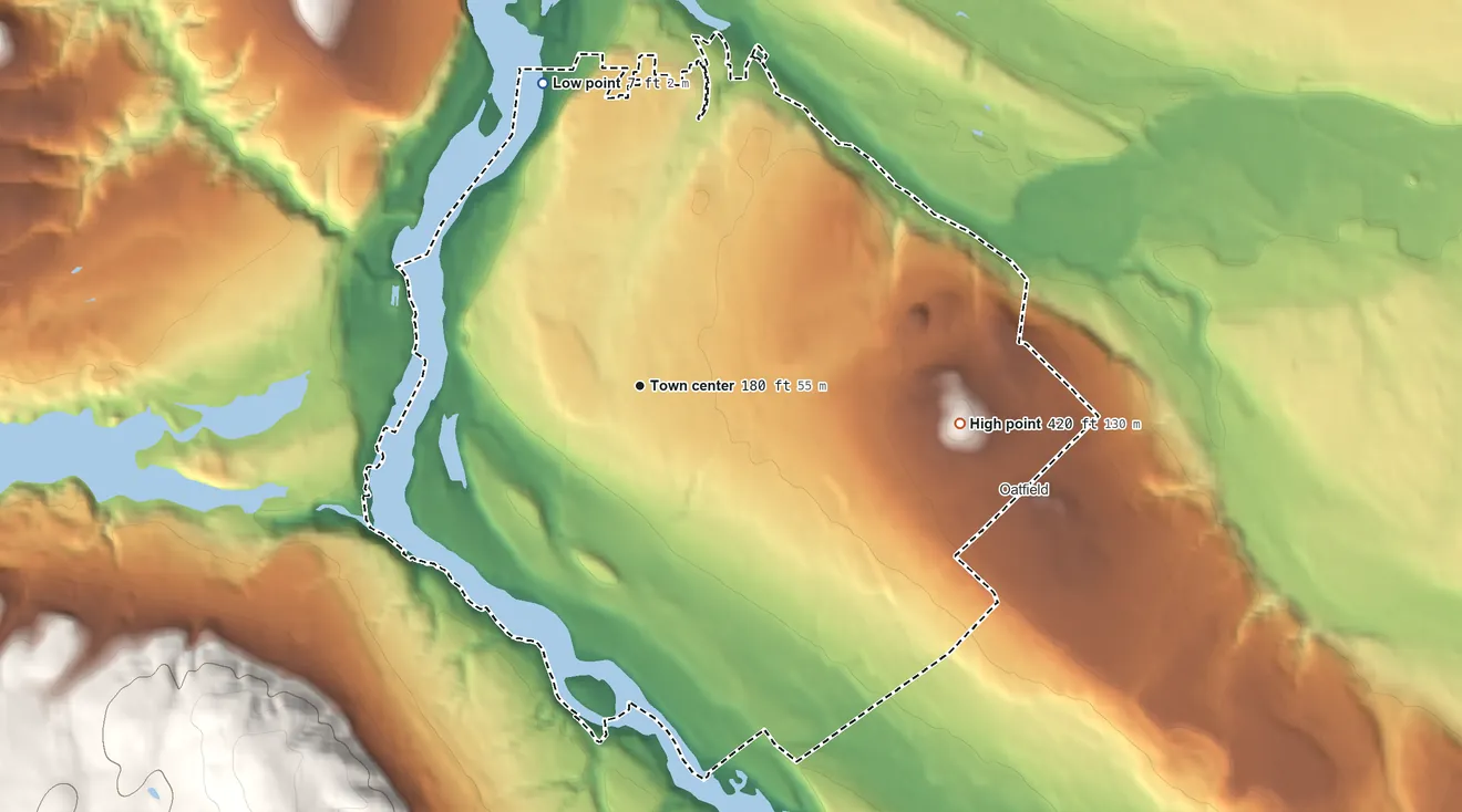 Topographic elevation map of Oak Grove, Oregon, shaded from 7 ft on the north side to 420 ft on Oatfield Hill