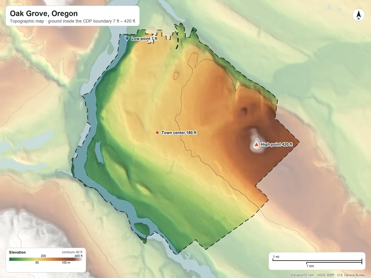 Topographic elevation map of Oak Grove, Oregon, shaded from 7 ft on the north side to 420 ft on Oatfield Hill