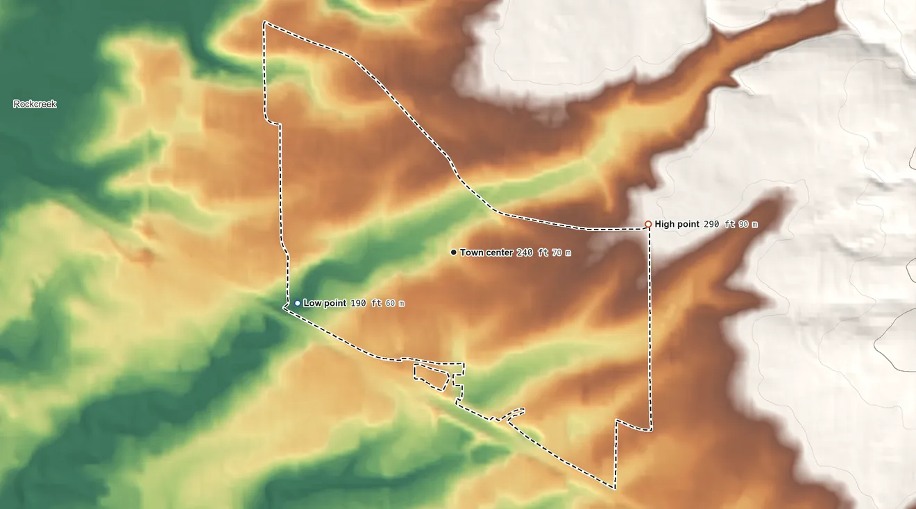 Topographic elevation map of Oak Hills, Oregon, shaded from 190 ft on the west side to 290 ft at the foot of the Tualatin Mountains