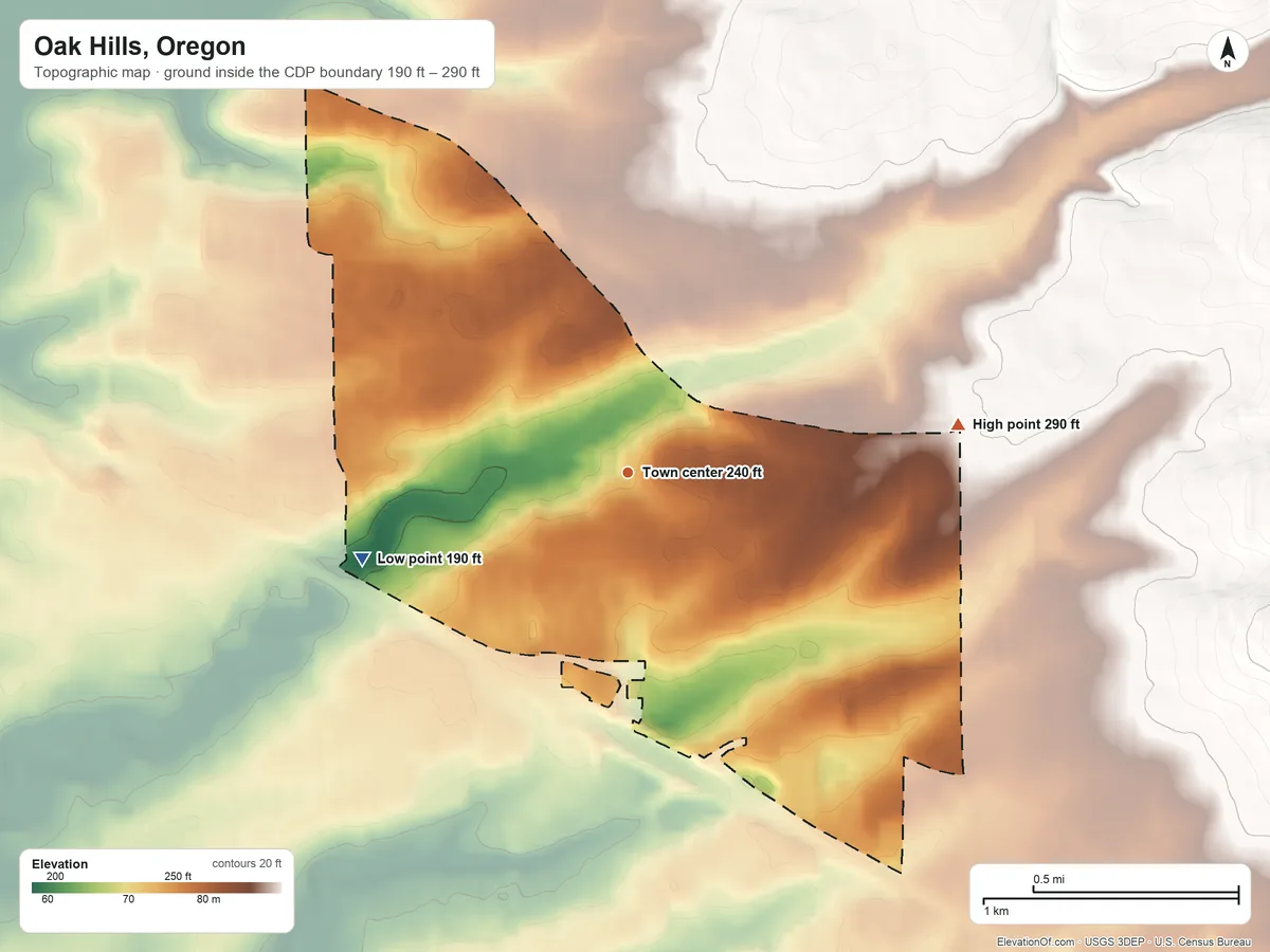 Topographic elevation map of Oak Hills, Oregon, shaded from 190 ft on the west side to 290 ft at the foot of the Tualatin Mountains