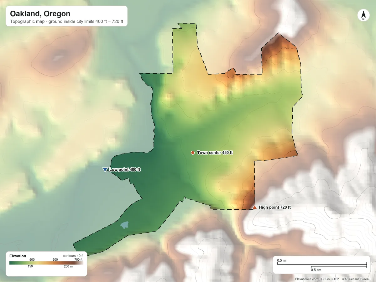 Topographic elevation map of Oakland, Oregon, shaded from 400 ft on the west side to 720 ft on the southeast edge, below higher ground just outside
