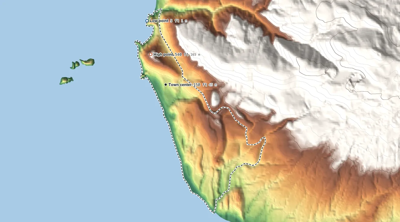 Topographic elevation map of Oceanside, Oregon, shaded from 5 ft on the north side to 540 ft on the northwest edge, below higher ground just outside