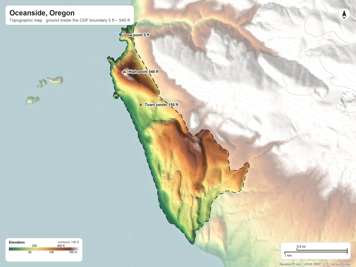 Topographic elevation map of Oceanside, Oregon, shaded from 5 ft on the north side to 540 ft on the northwest edge, below higher ground just outside