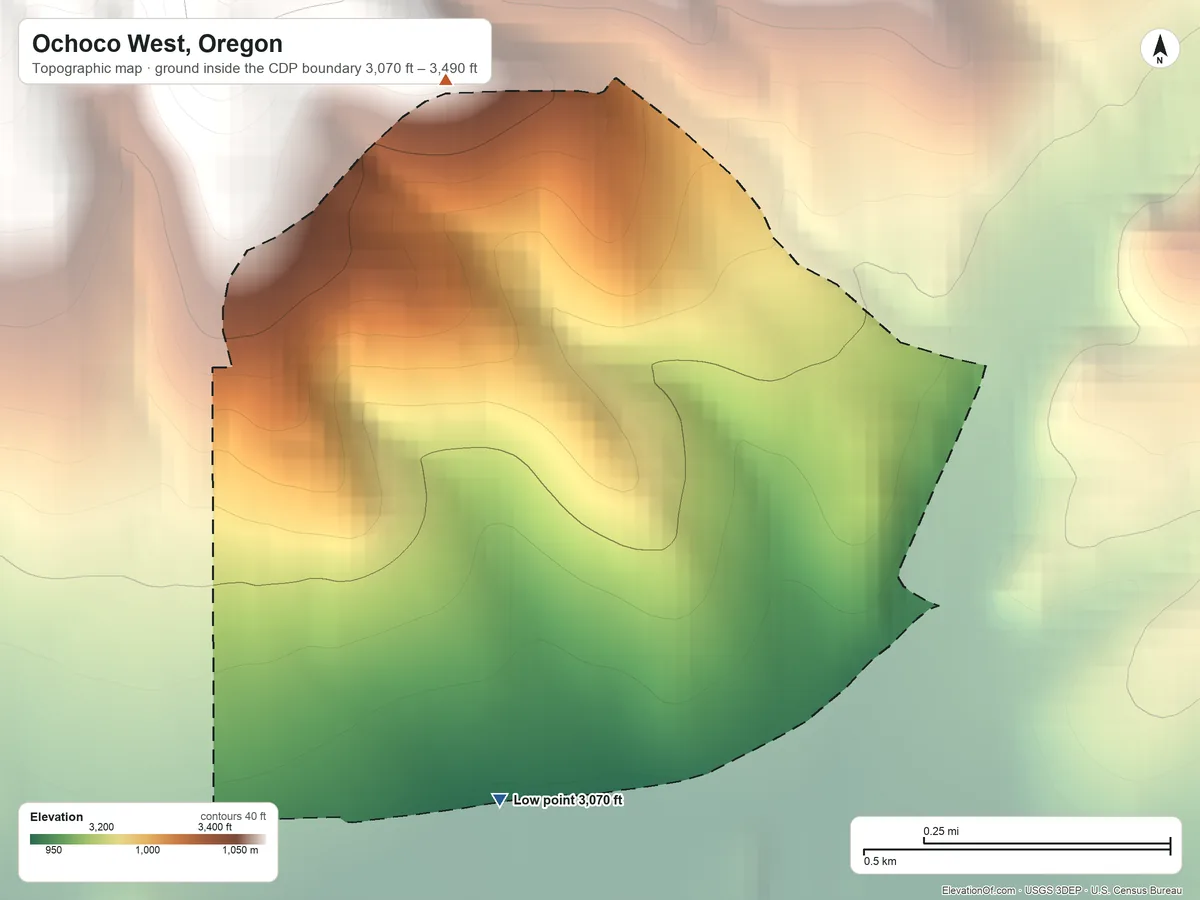Topographic elevation map of Ochoco West, Oregon, shaded from 3,070 ft on the south side to 3,490 ft on the north edge, below higher ground just outside
