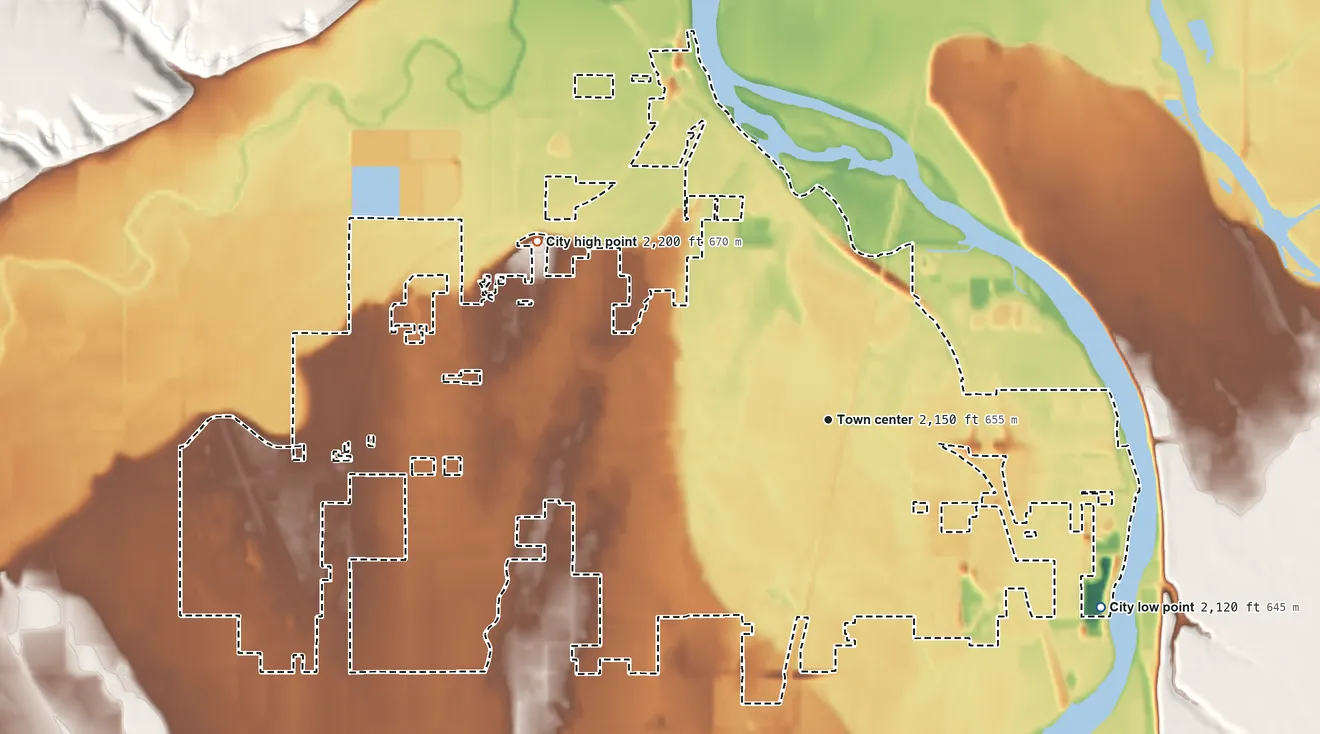 Topographic elevation map of Ontario, Oregon, shaded from 2,120 ft on the southeast side to 2,200 ft on the northwest side