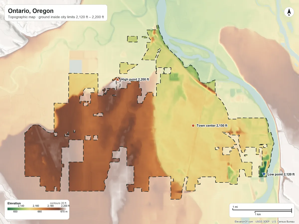 Topographic elevation map of Ontario, Oregon, shaded from 2,120 ft on the southeast side to 2,200 ft on the northwest side