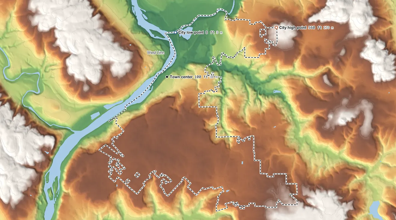 Topographic elevation map of Oregon City, Oregon, shaded from 8 ft on the north side to 560 ft on the northeast side