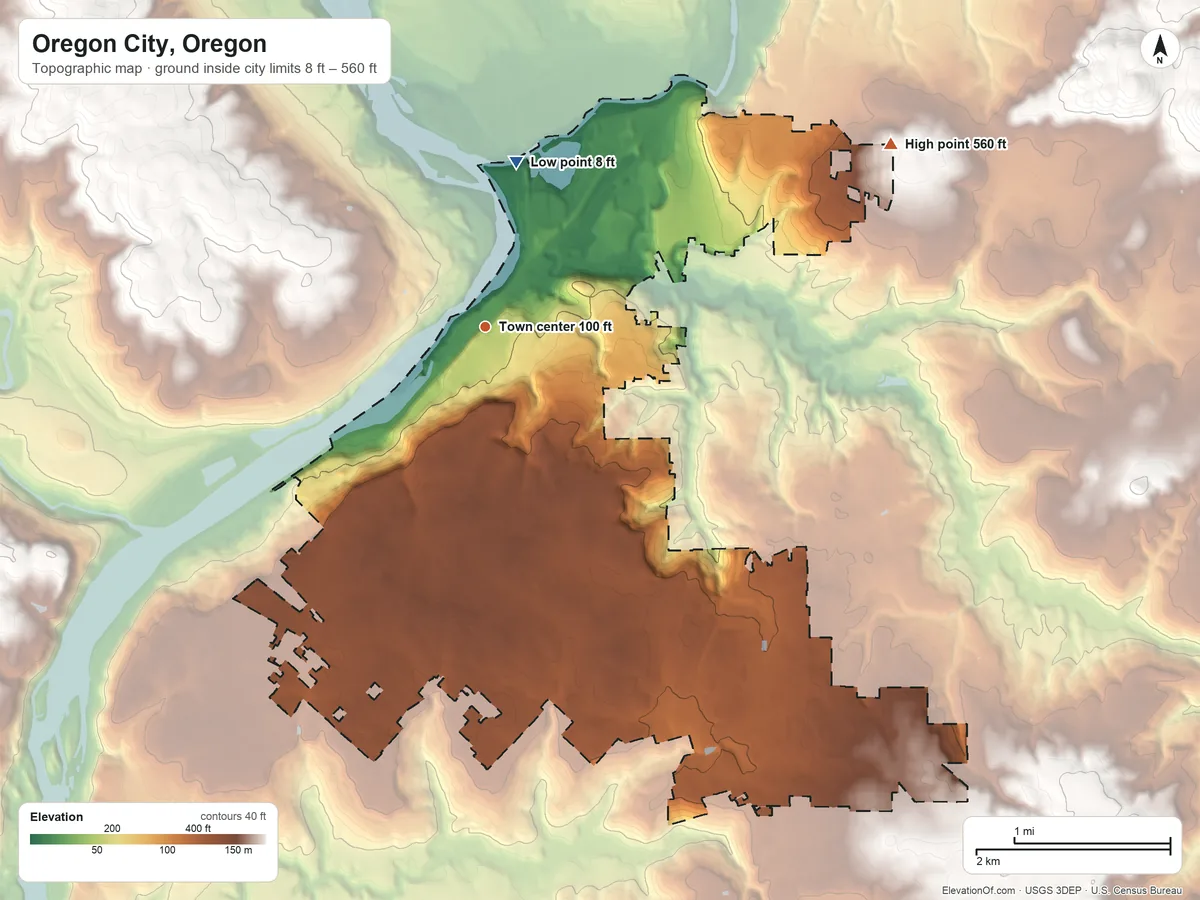 Topographic elevation map of Oregon City, Oregon, shaded from 8 ft on the north side to 560 ft on the northeast side