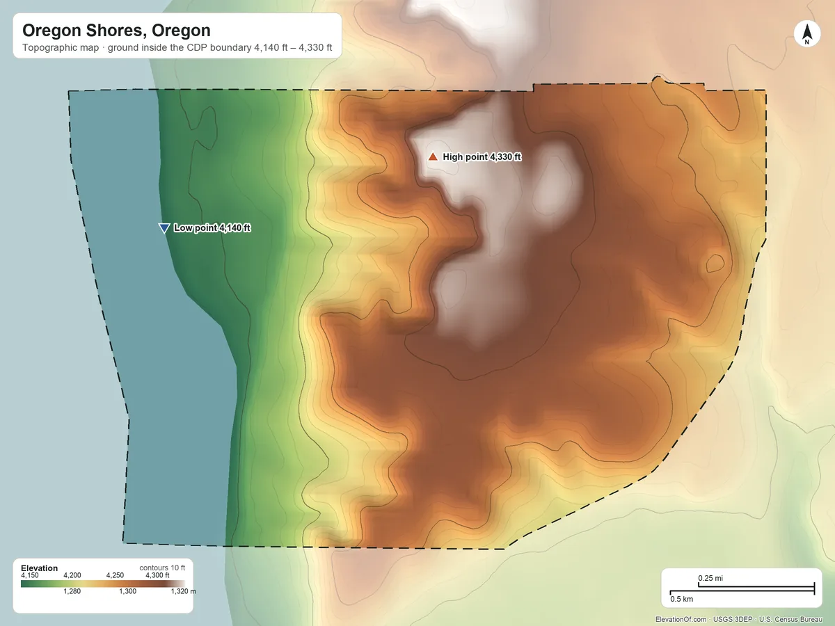 Topographic elevation map of Oregon Shores, Oregon, shaded from 4,140 ft on the west side to 4,330 ft on the northwest side