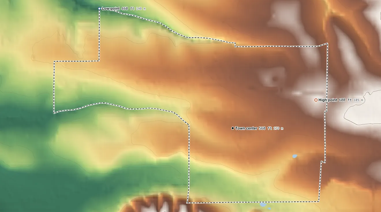 Topographic elevation map of Orient, Oregon, shaded from 460 ft on the northwest side to 600 ft on the east side