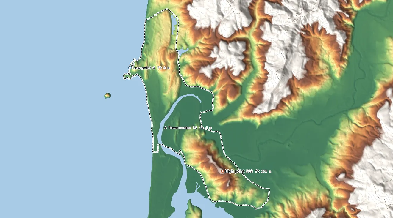 Topographic elevation map of Pacific City, Oregon, shaded from sea level level on the Pacific Ocean to 560 ft on the southeast side