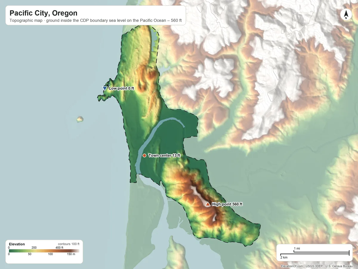 Topographic elevation map of Pacific City, Oregon, shaded from sea level level on the Pacific Ocean to 560 ft on the southeast side