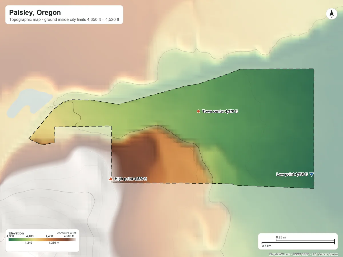 Topographic elevation map of Paisley, Oregon, shaded from 4,350 ft on the southeast side to 4,520 ft on the southwest edge, below higher ground just outside