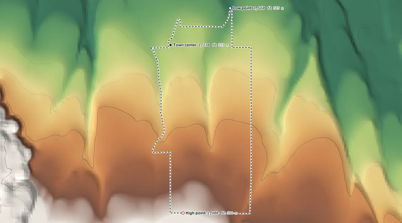 Topographic elevation map of Parkdale, Oregon, shaded from 1,660 ft on the northeast side to 1,900 ft on the south edge, below higher ground just outside