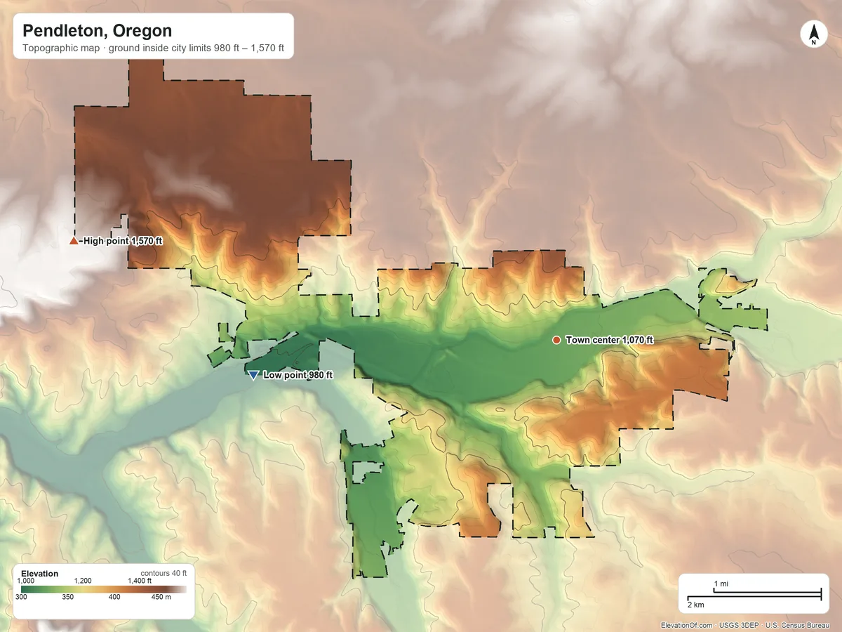 Topographic elevation map of Pendleton, Oregon, shaded from 980 ft on the west side to 1,570 ft on the west side