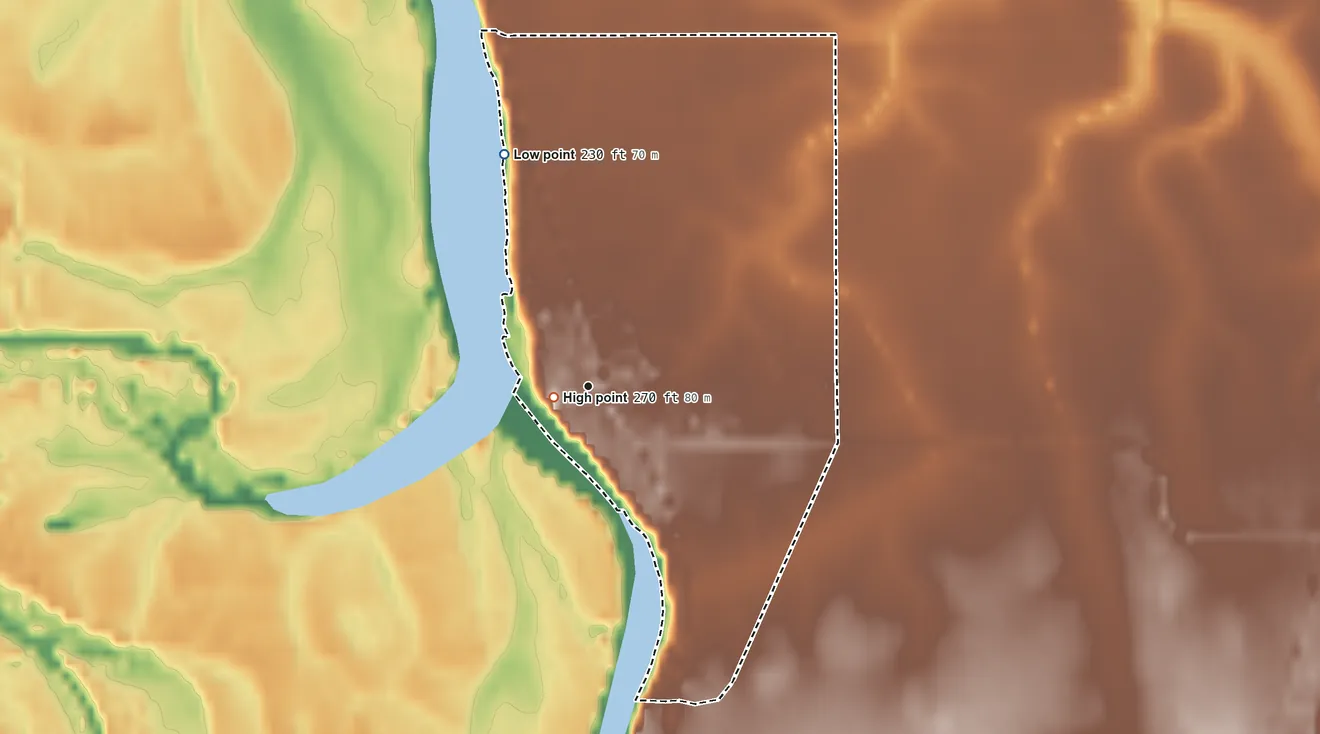 Topographic elevation map of Peoria, Oregon, shaded from 230 ft on the north side to 270 ft near the middle