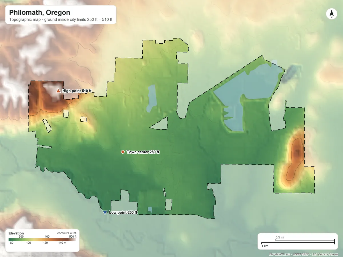 Topographic elevation map of Philomath, Oregon, shaded from 250 ft on the south side to 510 ft at the foot of the Cardwell Hills