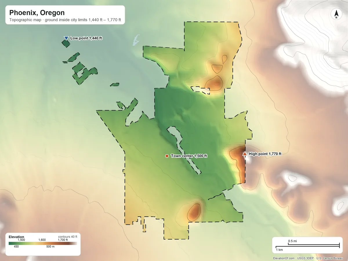 Topographic elevation map of Phoenix, Oregon, shaded from 1,440 ft on the northwest side to 1,770 ft on the east edge, below higher ground just outside