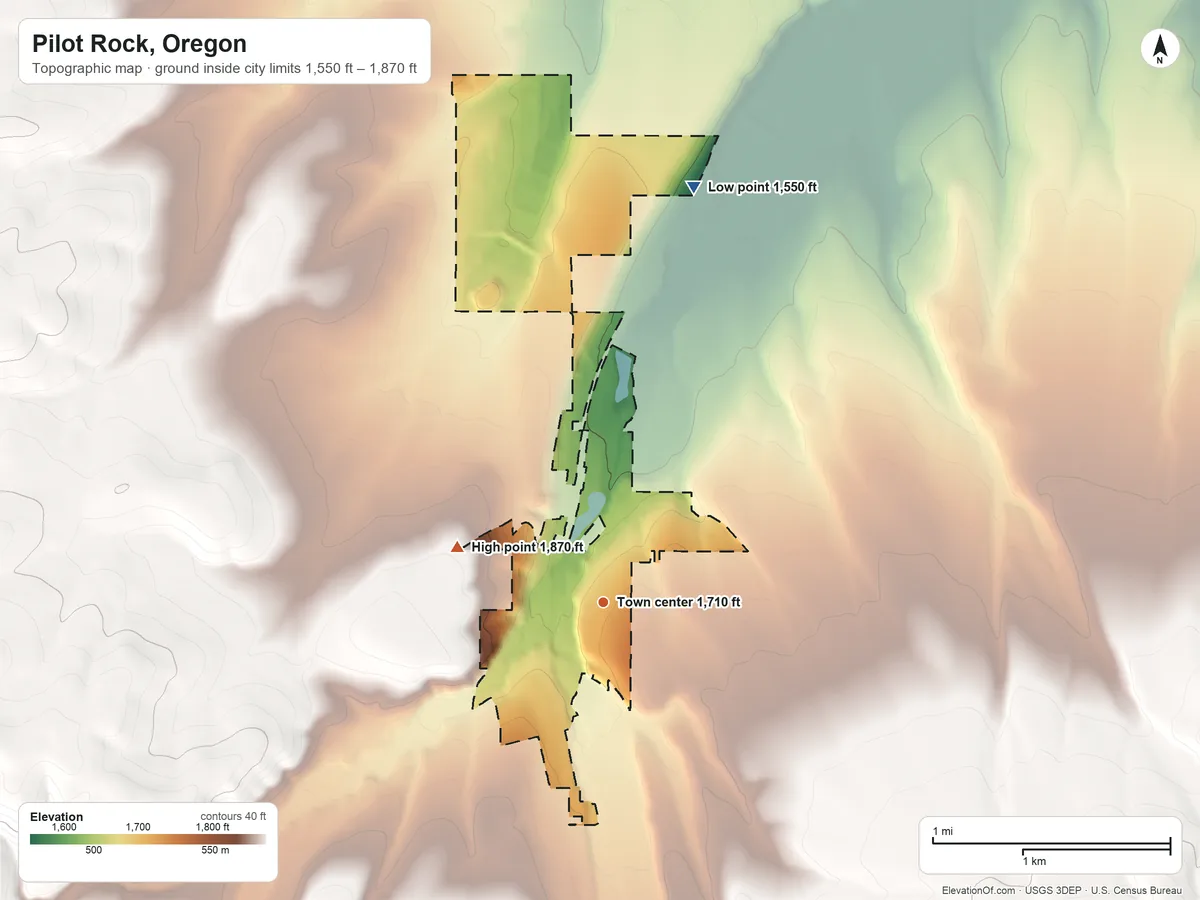 Topographic elevation map of Pilot Rock, Oregon, shaded from 1,550 ft on the north side to 1,870 ft on the west side