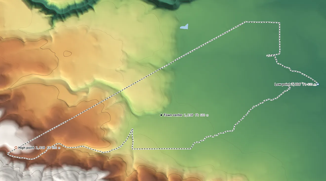 Topographic elevation map of Pine Grove, Oregon, shaded from 2,080 ft on the east side to 2,910 ft on the west edge, below higher ground just outside