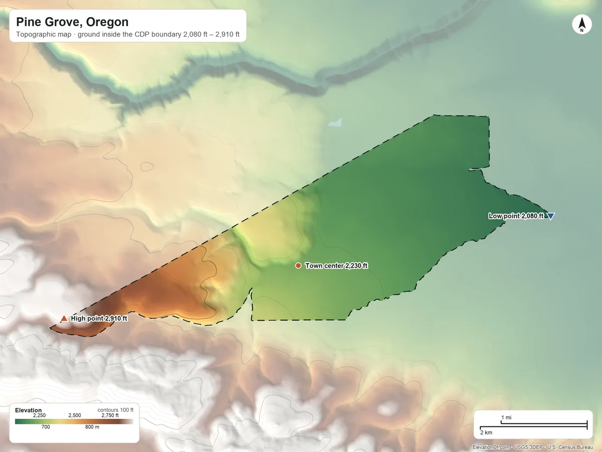 Topographic elevation map of Pine Grove, Oregon, shaded from 2,080 ft on the east side to 2,910 ft on the west edge, below higher ground just outside