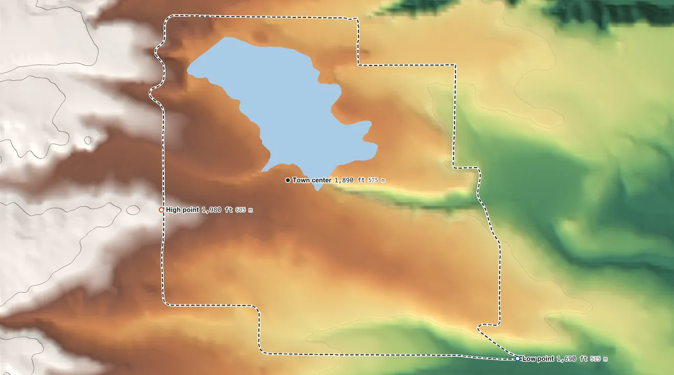 Topographic elevation map of Pine Hollow, Oregon, shaded from 1,690 ft on the southeast side to 1,980 ft on the west side