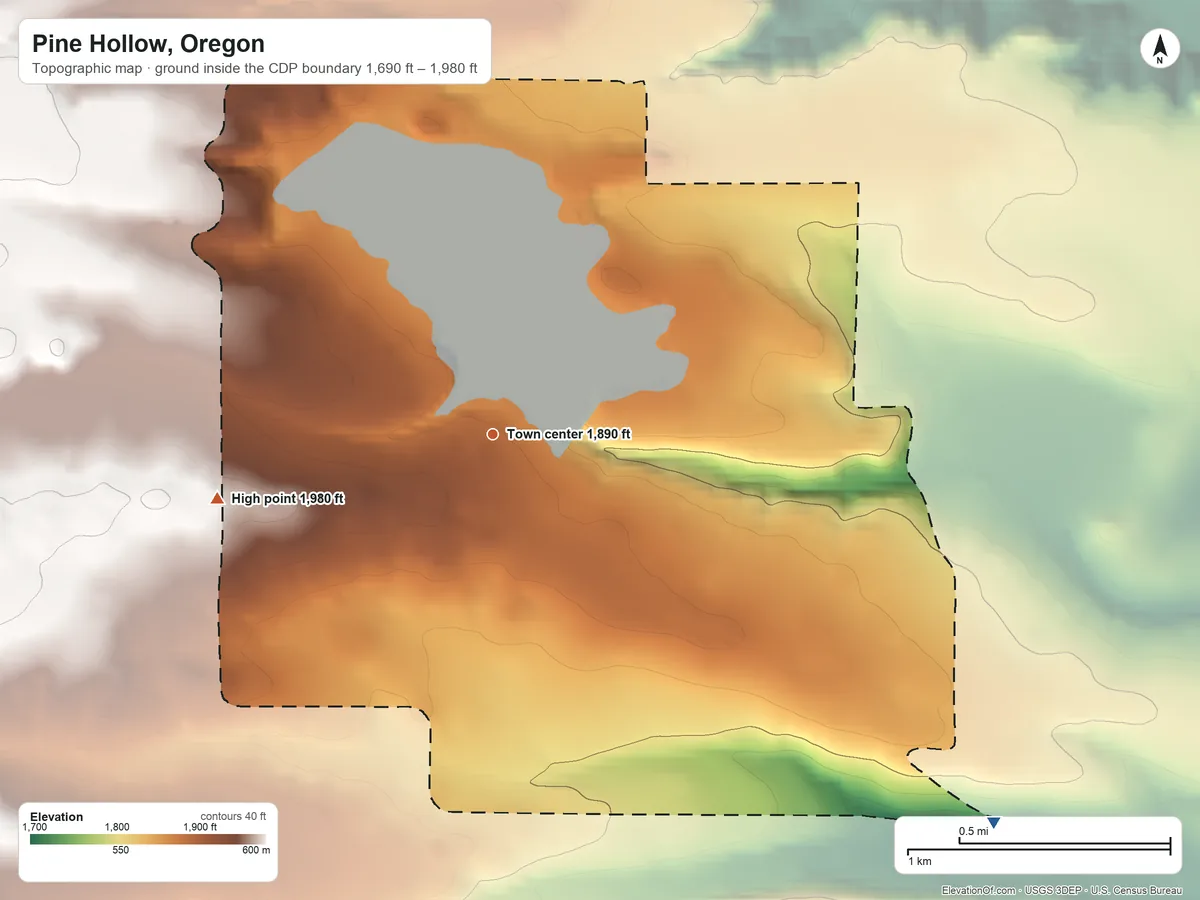 Topographic elevation map of Pine Hollow, Oregon, shaded from 1,690 ft on the southeast side to 1,980 ft on the west side