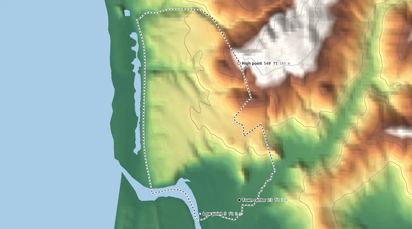 Topographic elevation map of Pistol River, Oregon, shaded from 5 ft on the west side to 540 ft on the north edge, below higher ground just outside