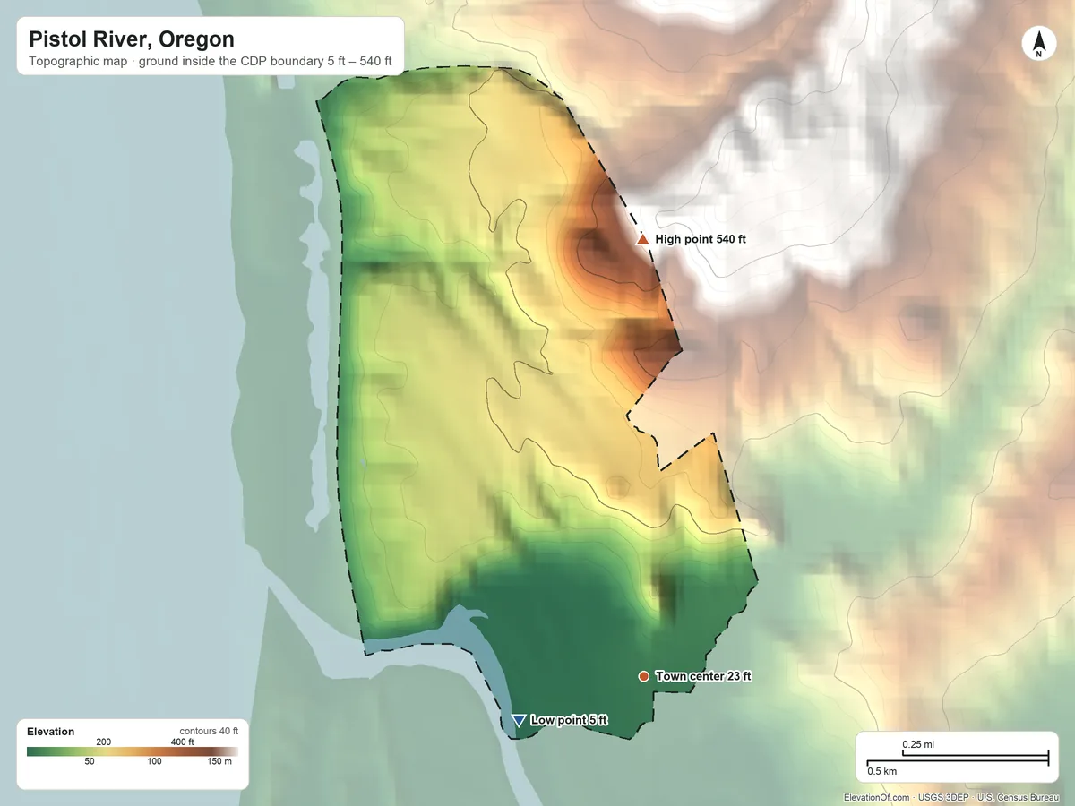 Topographic elevation map of Pistol River, Oregon, shaded from 5 ft on the west side to 540 ft on the north edge, below higher ground just outside