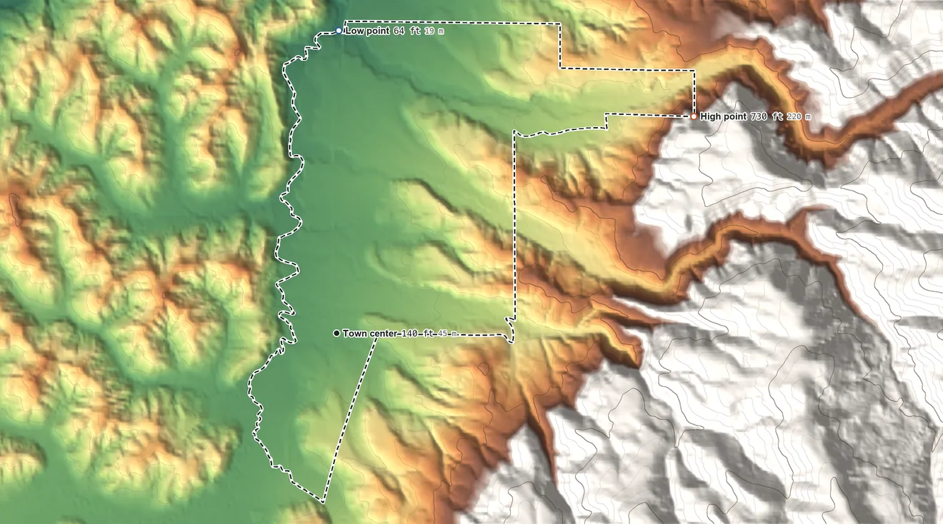 Topographic elevation map of Pleasant Valley, Oregon, shaded from 64 ft on the north side to 730 ft on the northeast edge, below higher ground just outside