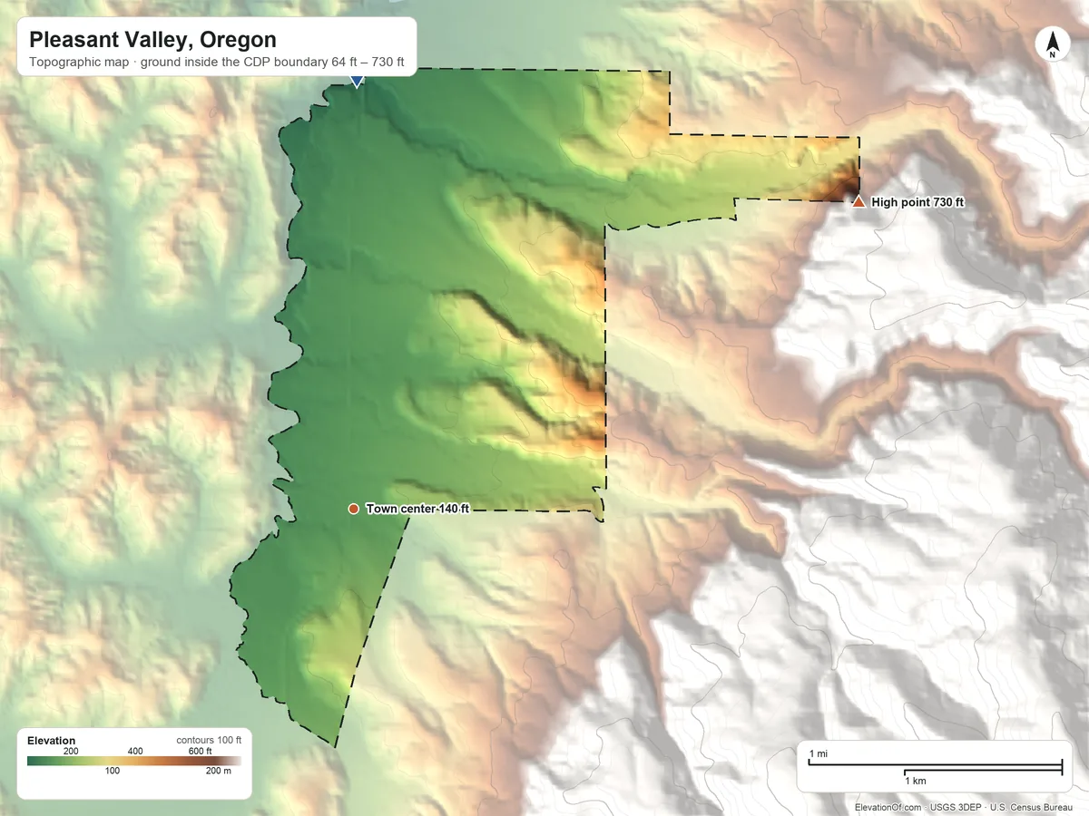 Topographic elevation map of Pleasant Valley, Oregon, shaded from 64 ft on the north side to 730 ft on the northeast edge, below higher ground just outside