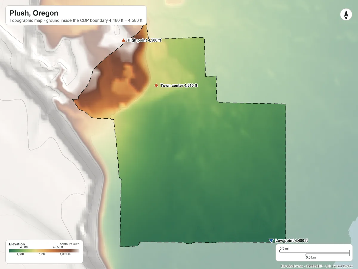Topographic elevation map of Plush, Oregon, shaded from 4,480 ft on the southeast side to 4,580 ft on the northwest edge, below higher ground just outside
