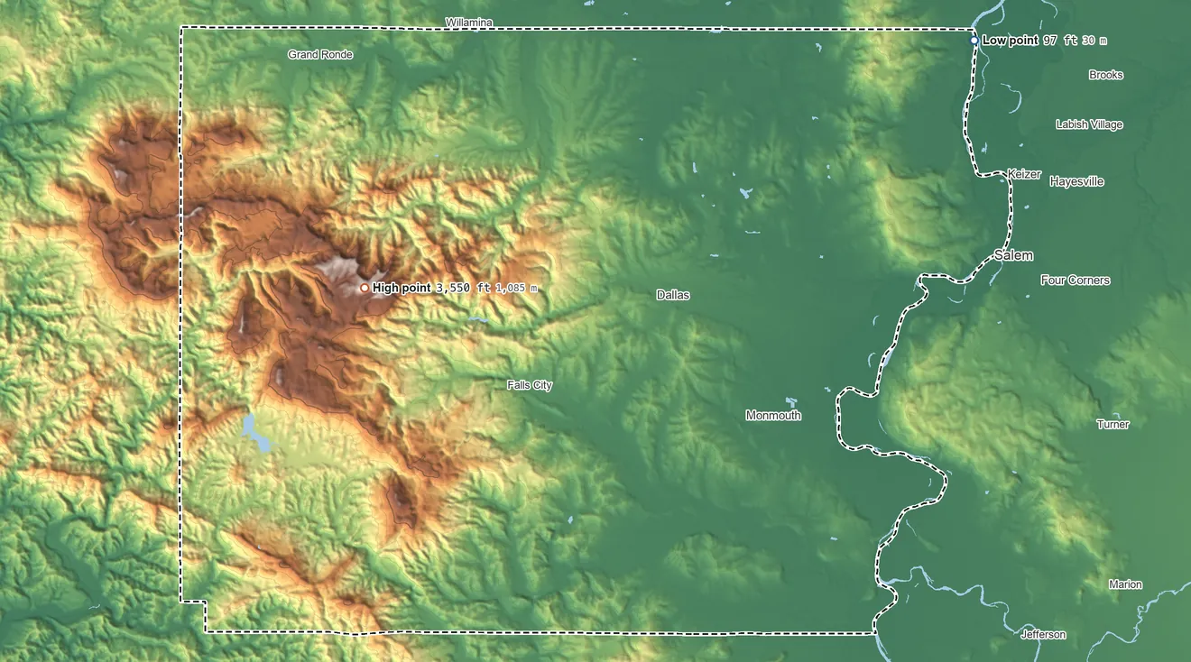 Topographic elevation map of Polk County, Oregon, shaded from 97 ft on the northeast side to 3,550 ft on Laurel Mountain