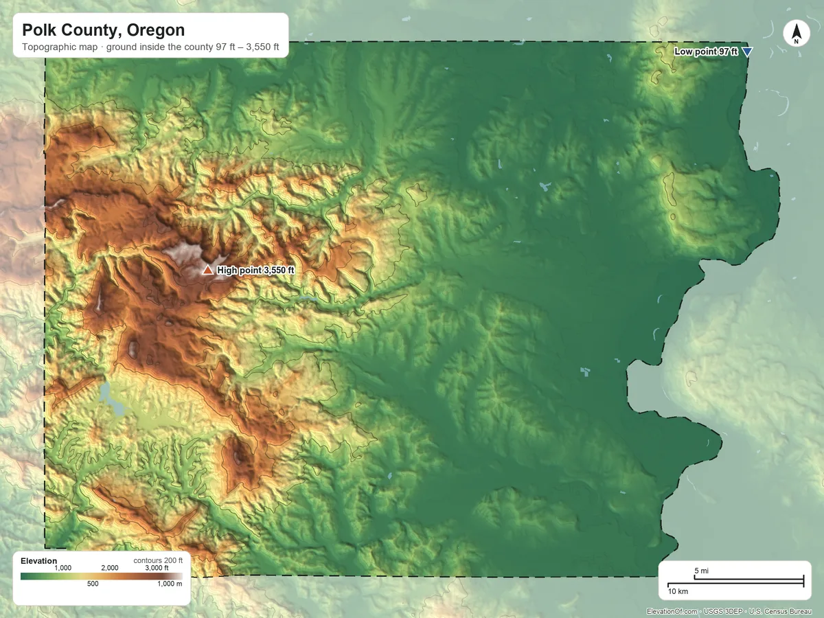 Topographic elevation map of Polk County, Oregon, shaded from 97 ft on the northeast side to 3,550 ft on Laurel Mountain