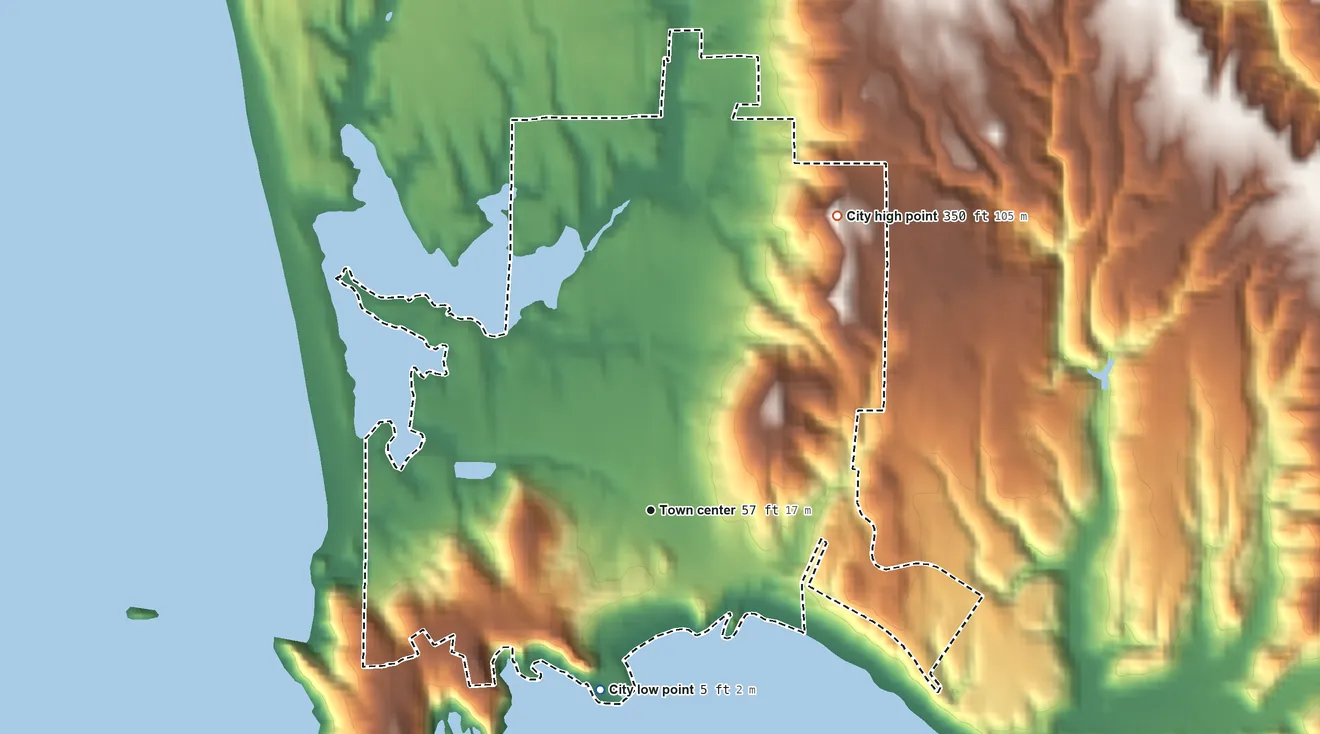 Topographic elevation map of Port Orford, Oregon, shaded from 5 ft on the south side to 350 ft on the northeast side