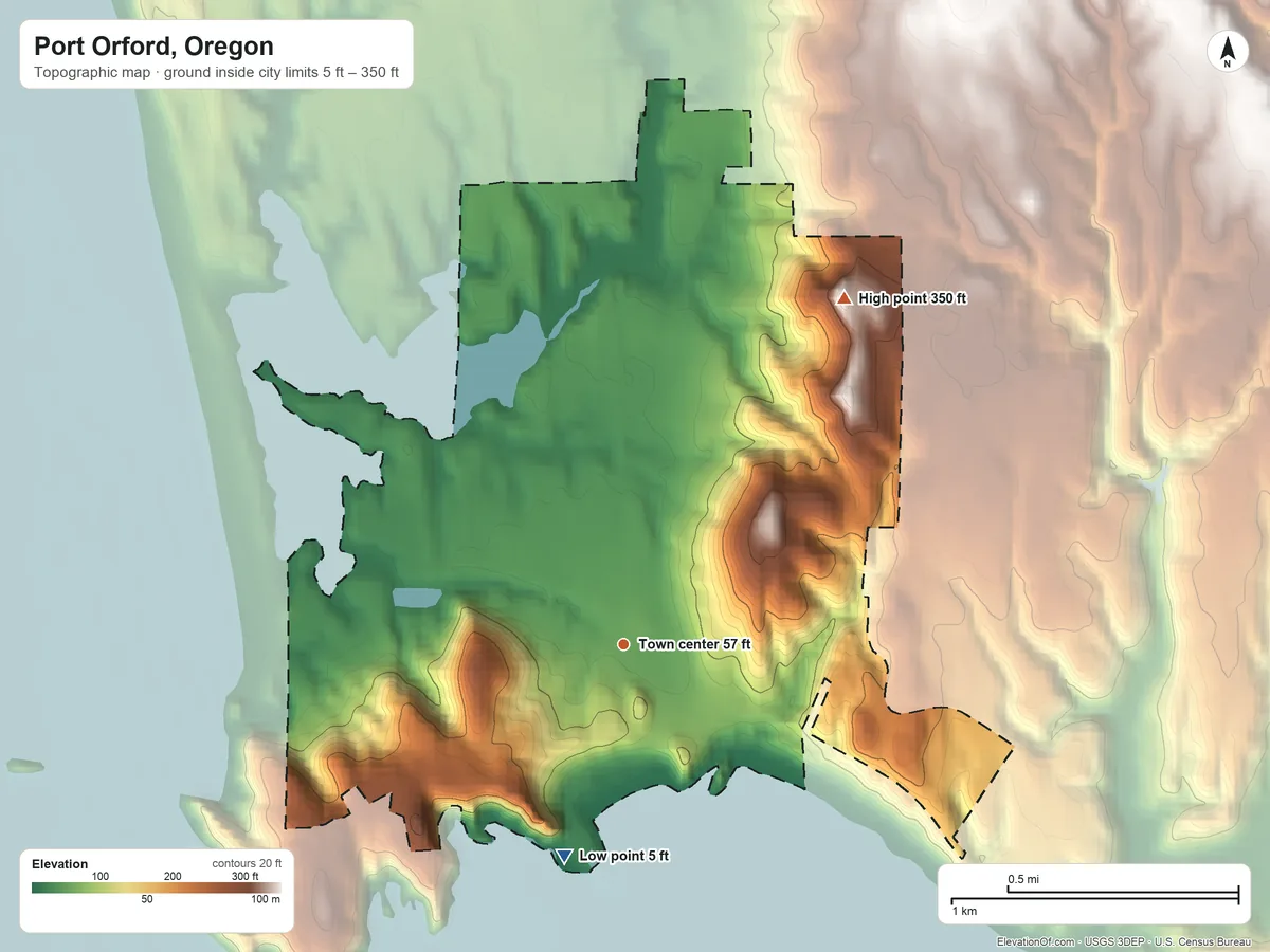 Topographic elevation map of Port Orford, Oregon, shaded from 5 ft on the south side to 350 ft on the northeast side