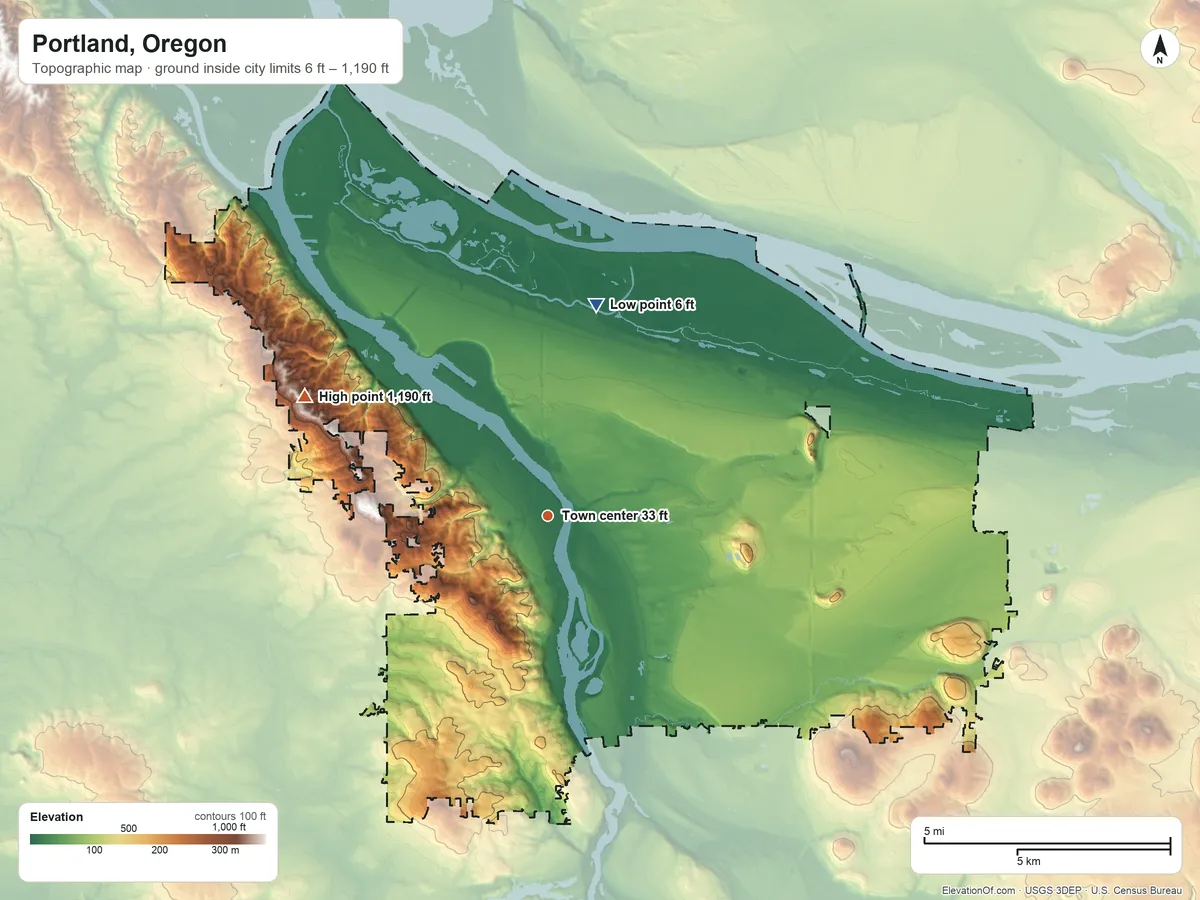 Topographic elevation map of Portland, Oregon, shaded from 6 ft on the north side to 1,190 ft on the northwest side