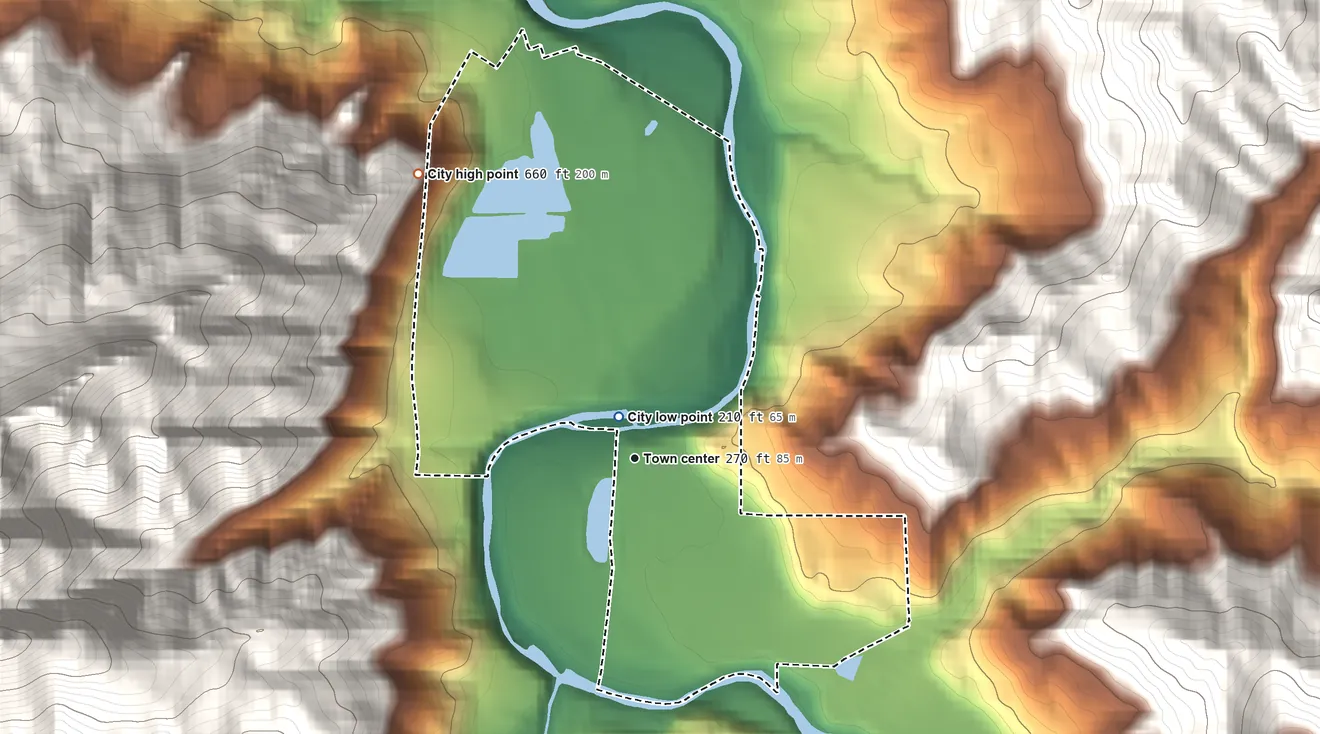 Topographic elevation map of Powers, Oregon, shaded from 210 ft near the middle to 660 ft on the northwest edge, below higher ground just outside