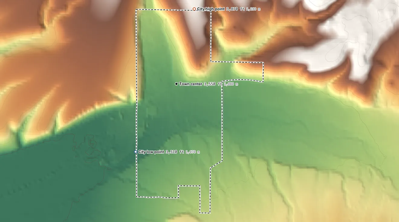 Topographic elevation map of Prairie City, Oregon, shaded from 3,510 ft on the southwest side to 3,870 ft at the foot of the Strawberry Range
