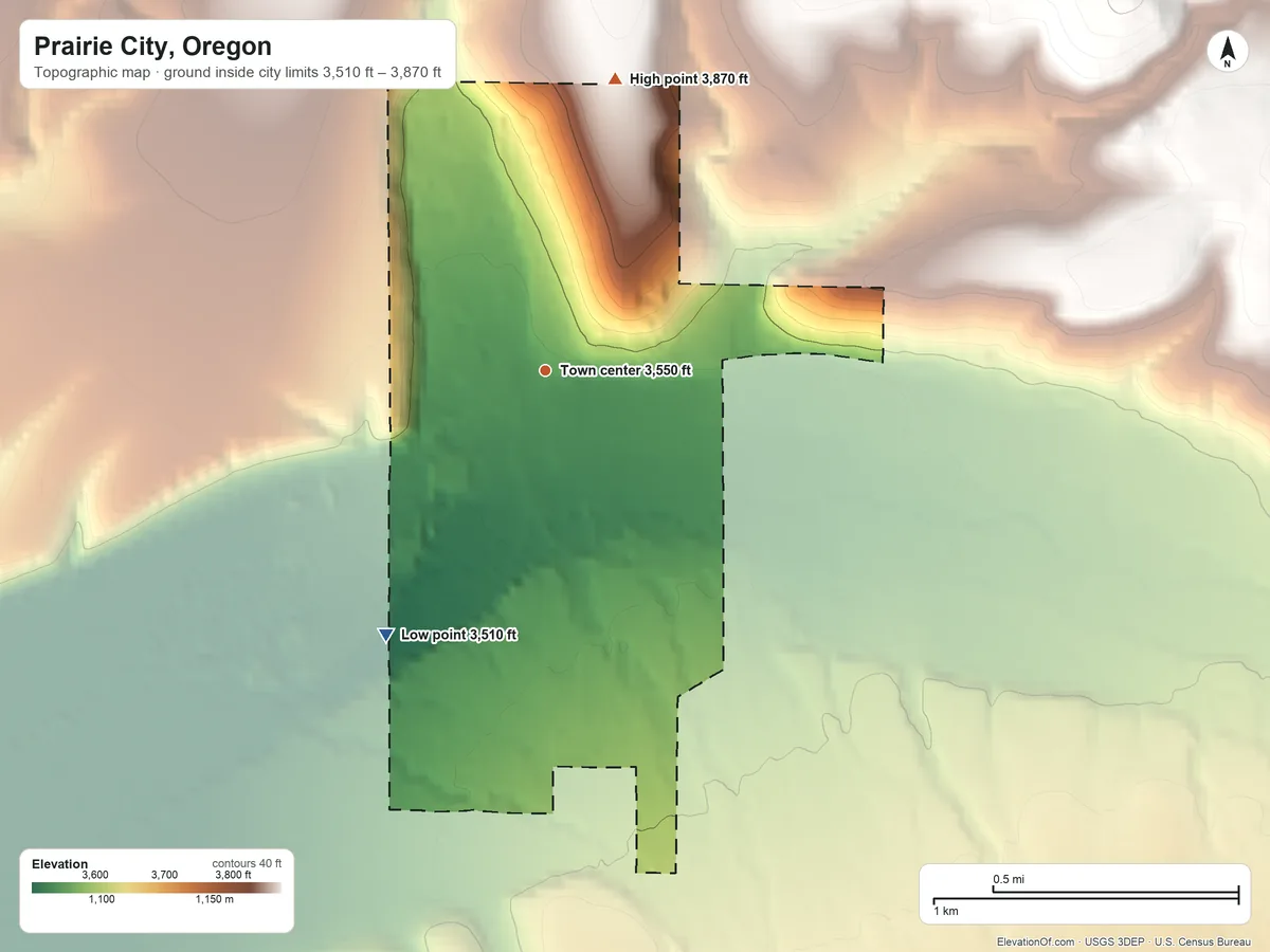 Topographic elevation map of Prairie City, Oregon, shaded from 3,510 ft on the southwest side to 3,870 ft at the foot of the Strawberry Range