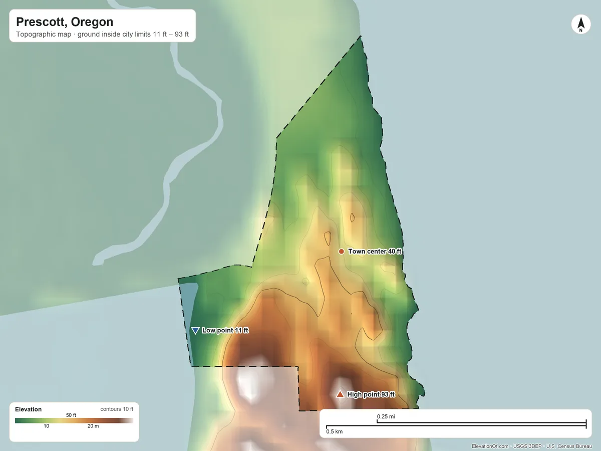 Topographic elevation map of Prescott, Oregon, shaded from 11 ft on the southwest side to 93 ft on the south edge, below higher ground just outside