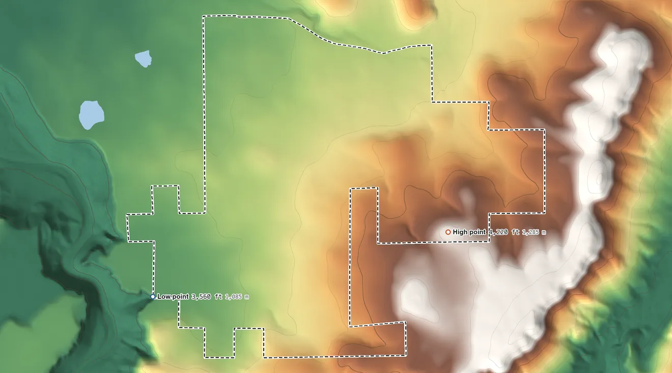Topographic elevation map of Prineville Lake Acres, Oregon, shaded from 3,560 ft on the southwest side to 4,220 ft on the east side
