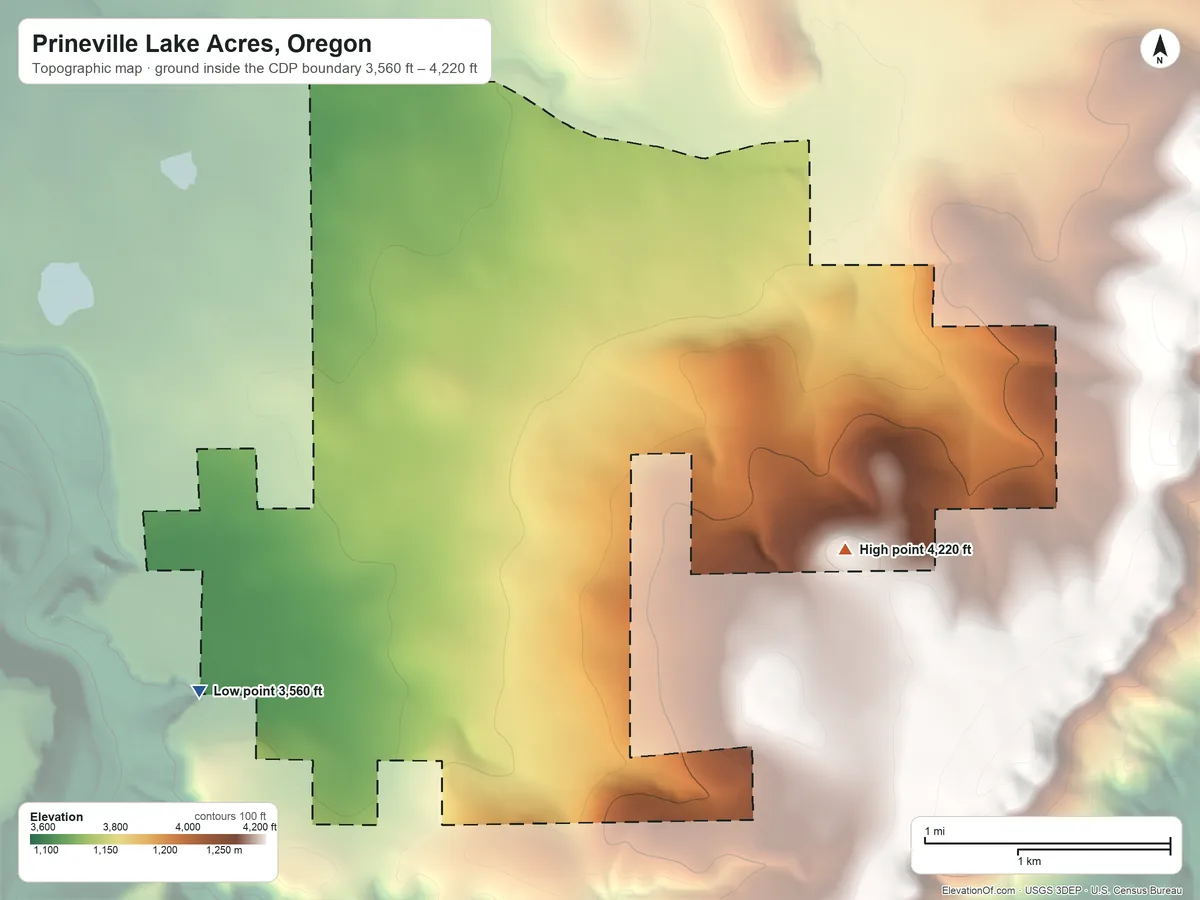 Topographic elevation map of Prineville Lake Acres, Oregon, shaded from 3,560 ft on the southwest side to 4,220 ft on the east side